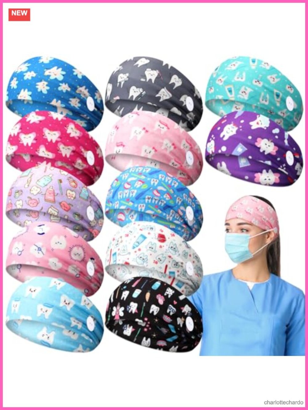 12 Pc Elastic Fabric Nurse Headbands Button Ear Relief